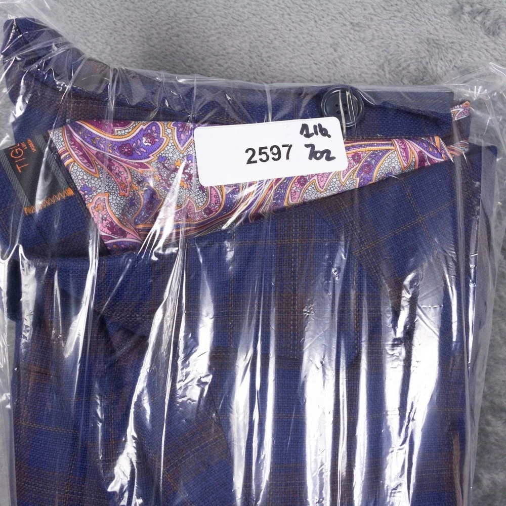Tiglio Luxe Modern Fit Blazer Mens 52R Blue Plaid Wool Paisley Lining Biella